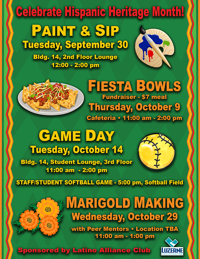 Celebrate Hispanic Heritage Month, Marigold Making with Peer Mentors, Location TBA, 11:00 am - 1:00 pm. Sponsored by Latino Alliance Club